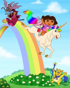 Dora's Big Birthday Adventure Episodic Art_2 (L-R): Flying Monkeys (John Leguizamo), La Bruja (Rosie Perez), Boots, Dora, Unicorn, Wishing Wizzle (Hector Elizondo) Photo: Nickelodeon ©Viacom International Inc. All Rights Reserved.