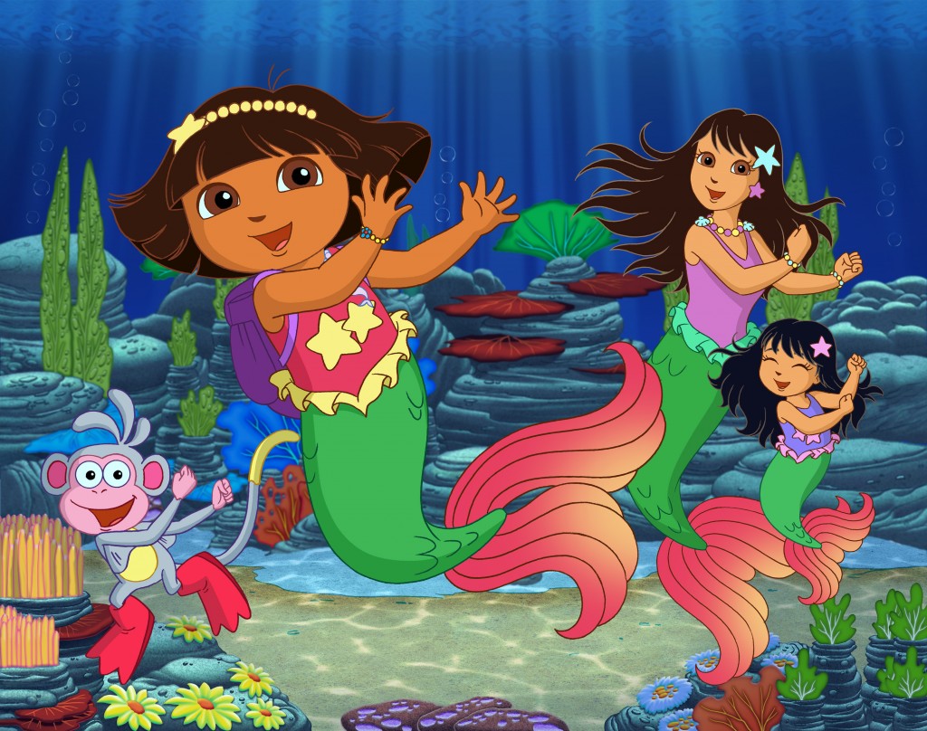 (L-R: Boots, Dora, Maribel's Mami and Maribel in Dora's Rescue in Mermaid Kingdom. Photo: Nickelodeon. ©2012 Viacom, International, Inc. All Rights Reserved)